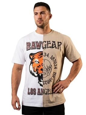 RAWGEAR Split Tiger Graphic Tee -Gray & White Men’s Cotton T Shirt Size Large
